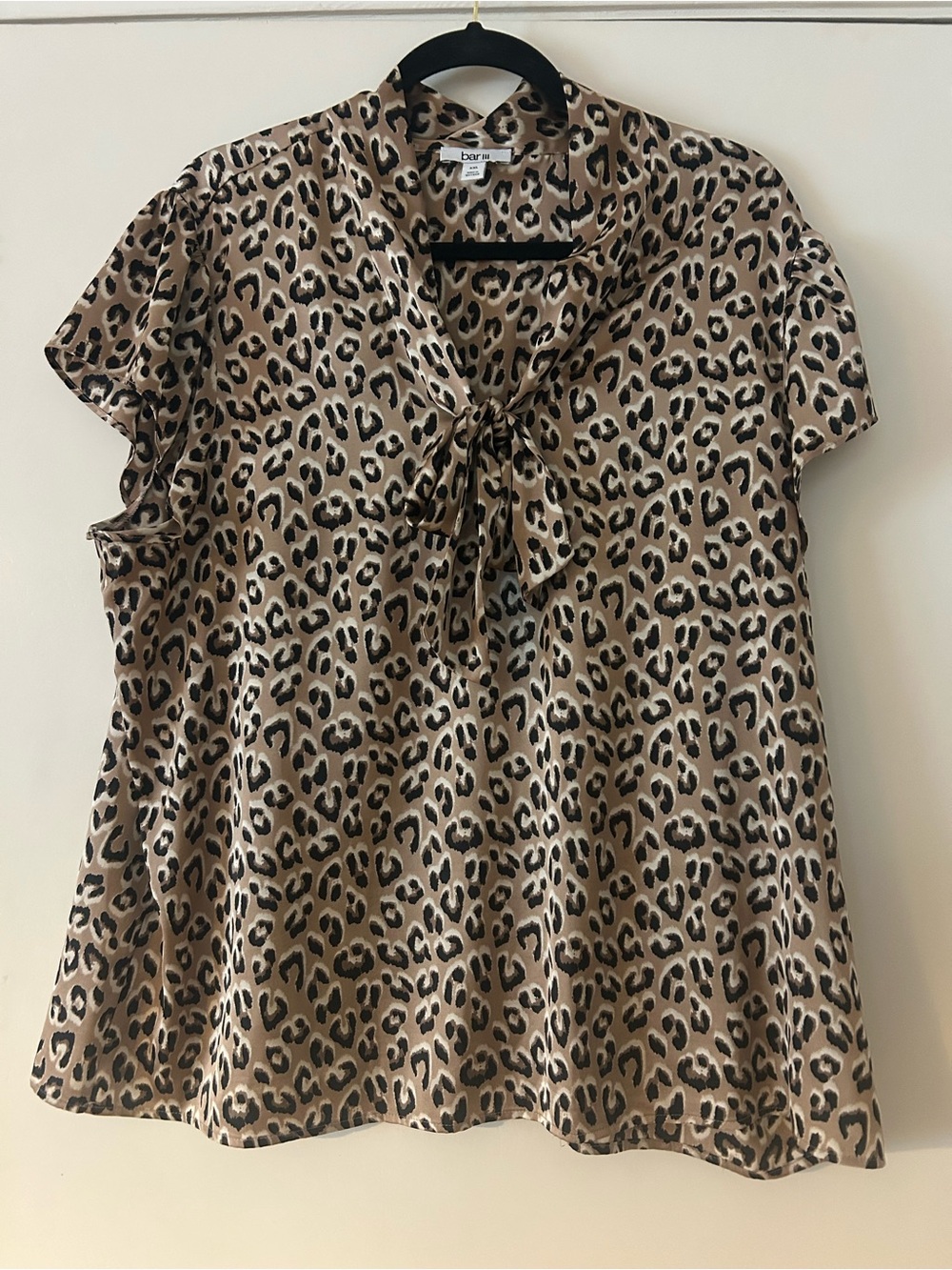Bar III Tan and Black Leopard Tie-Neck Blouse